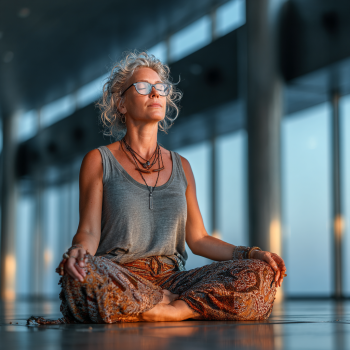 Літня жінка займається йогою